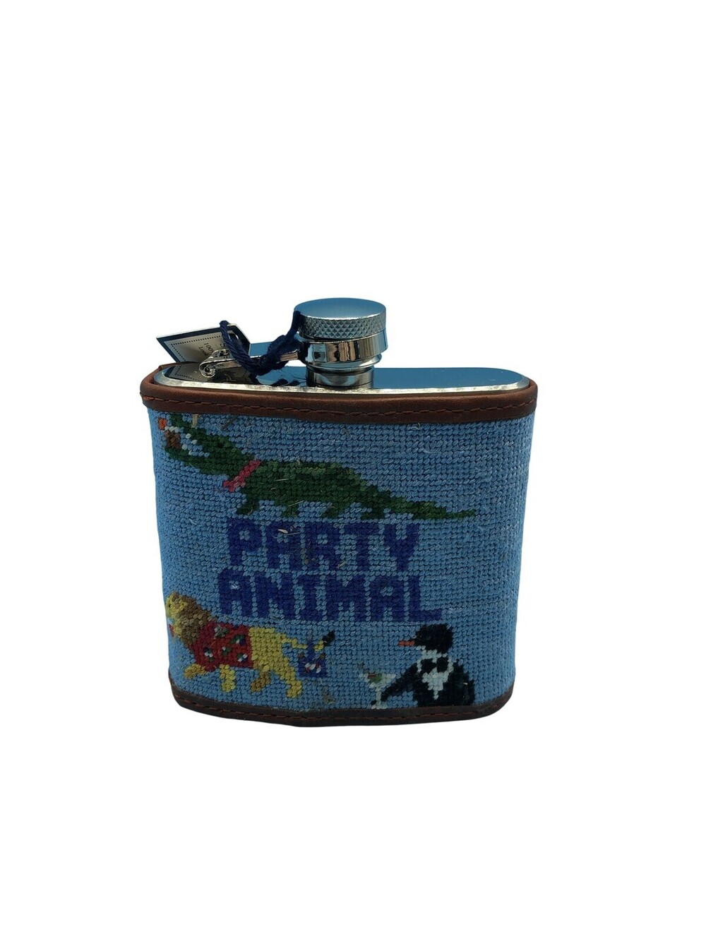 Smathers & Branson Party Animal Hip Flask 4oz Blue Canvas Needlepoint Leather